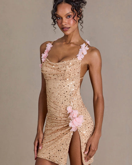 Gold Embellished Open-Back Mini Dress