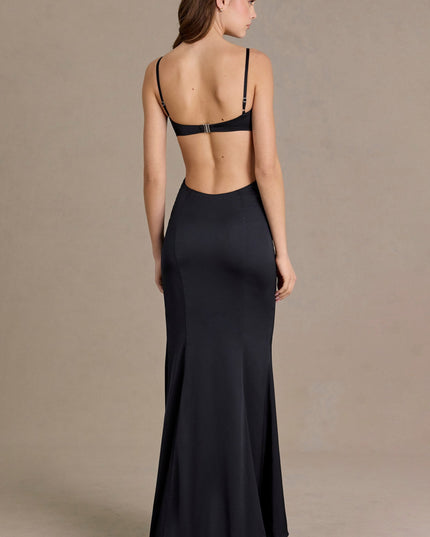 Black Satin Embellished Bralette Gown