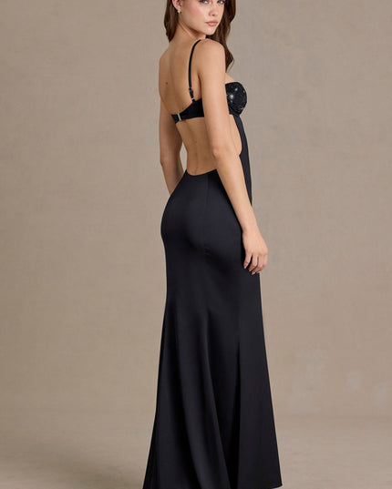 Black Satin Embellished Bralette Gown
