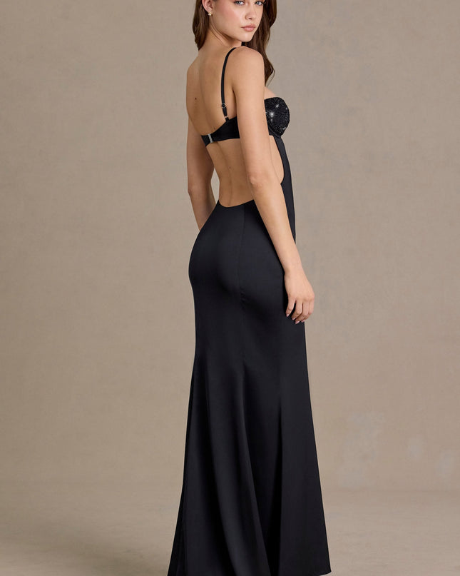 Black Satin Embellished Bralette Gown