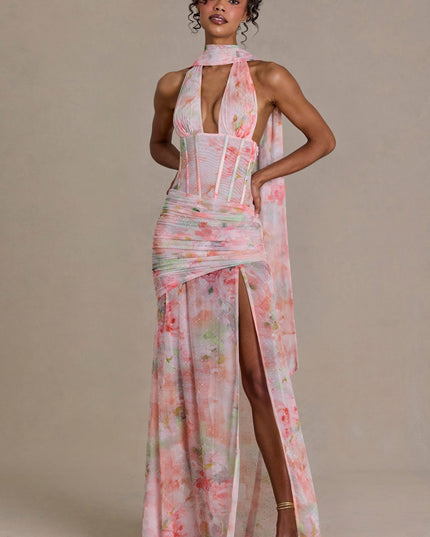Pink Floral Print Embellished Scarf-Detail Maxi Dress