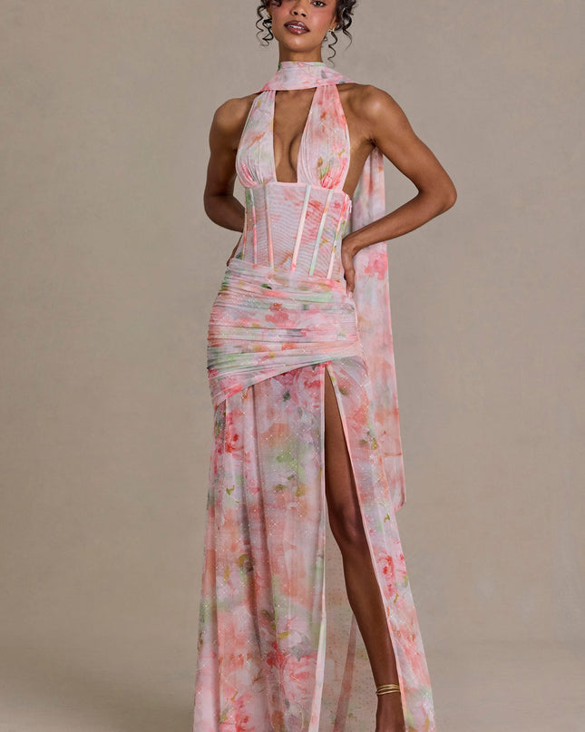 Pink Floral Print Embellished Scarf-Detail Maxi Dress