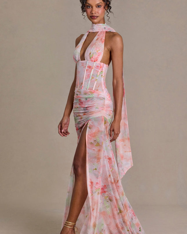 Pink Floral Print Embellished Scarf-Detail Maxi Dress
