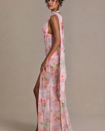 Pink Floral Print Embellished Scarf-Detail Maxi Dress