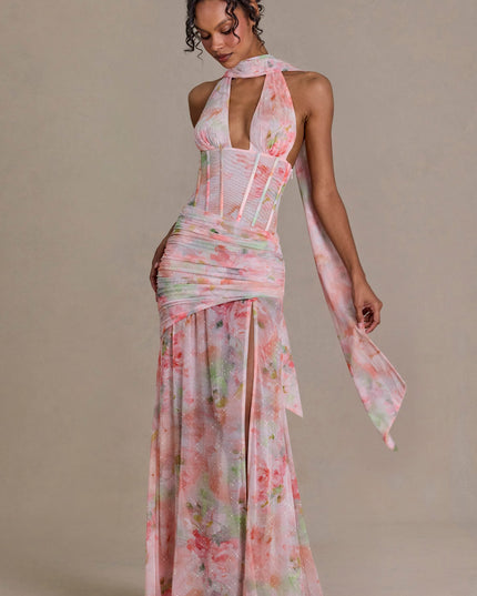 Pink Floral Print Embellished Scarf-Detail Maxi Dress