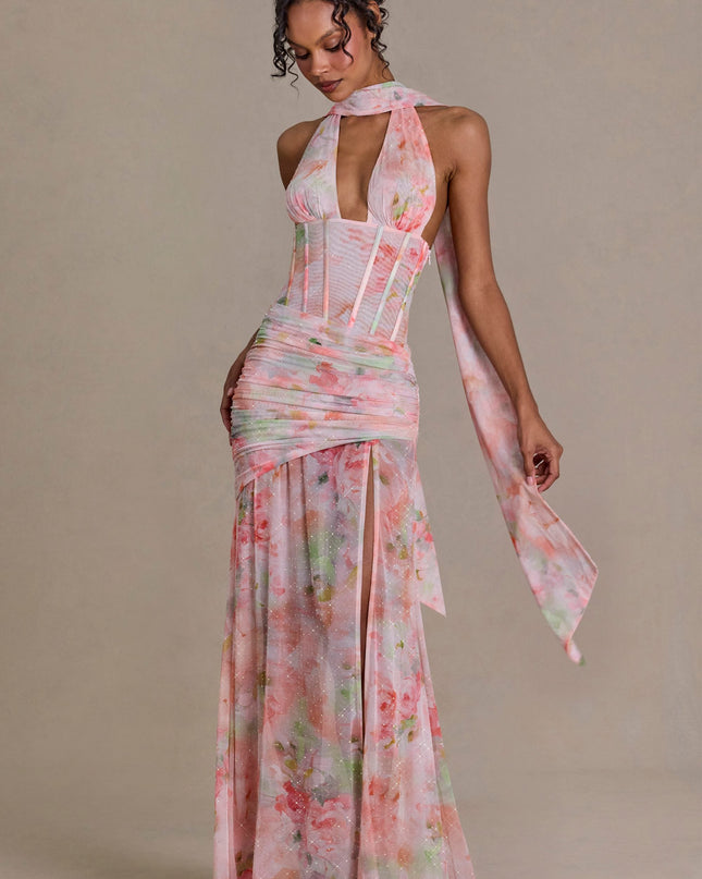 Pink Floral Print Embellished Scarf-Detail Maxi Dress