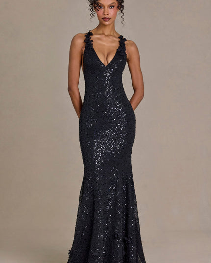 Black Embellished Plunge Open-Back Gown
