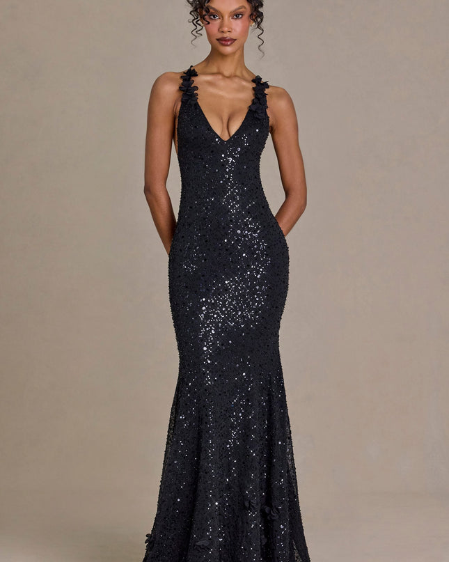 Black Embellished Plunge Open-Back Gown