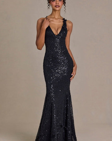 Black Embellished Plunge Open-Back Gown