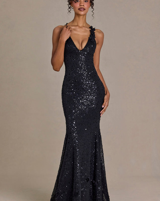 Black Embellished Plunge Open-Back Gown