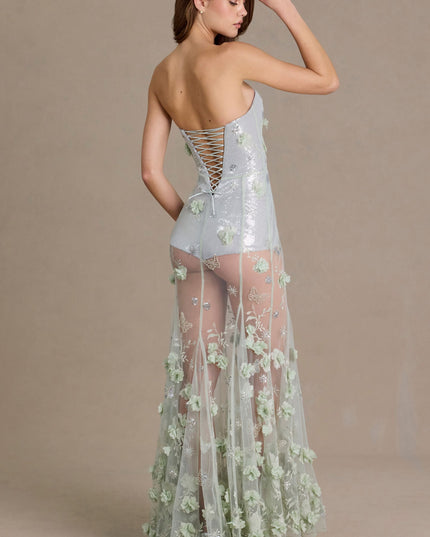 Sage Green Embellished Tulle Corset Gown