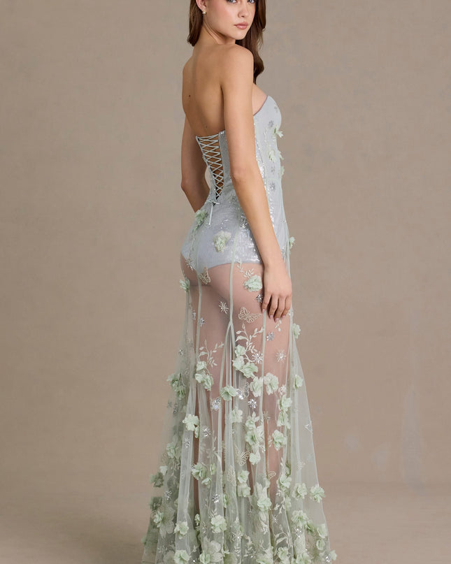 Sage Green Embellished Tulle Corset Gown