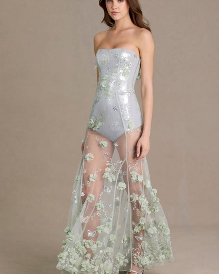 Sage Green Embellished Tulle Corset Gown