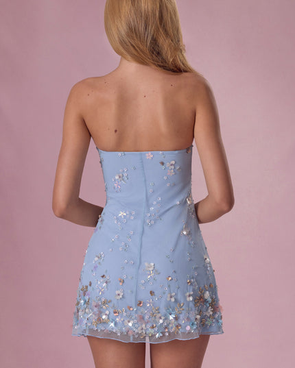 Sky Blue Embellished Bandeau Mini Dress