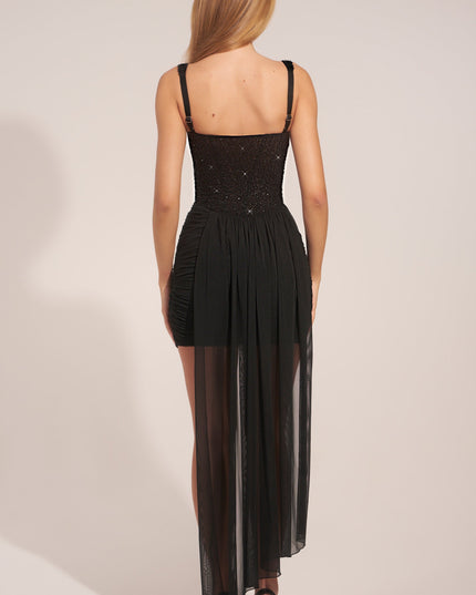 Black Corseted Draped Mini Dress