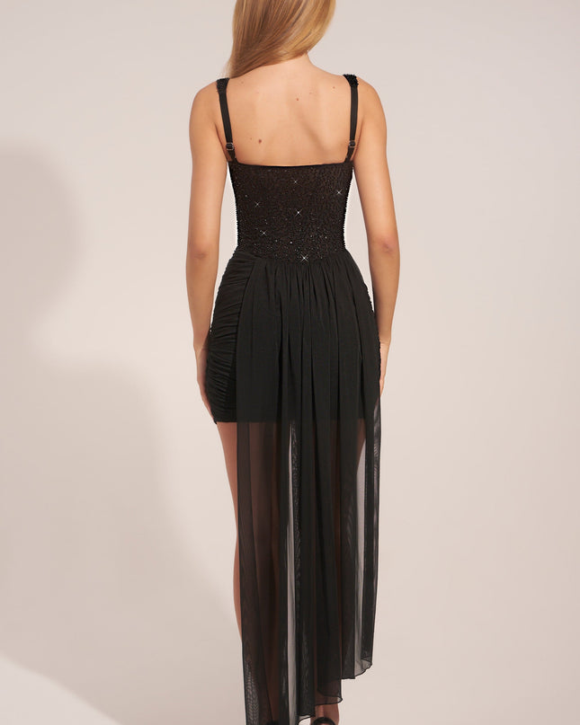 Black Corseted Draped Mini Dress