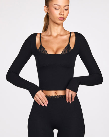 Black Ribbed Modal Long-Sleeve Laced Bra Top