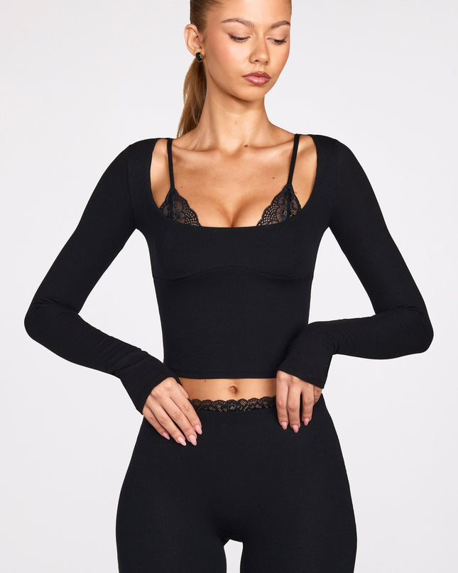 Black Ribbed Modal Long-Sleeve Laced Bra Top