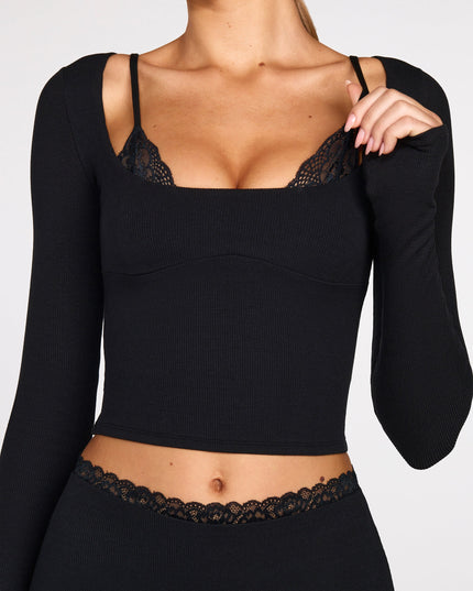 Black Ribbed Modal Long-Sleeve Laced Bra Top