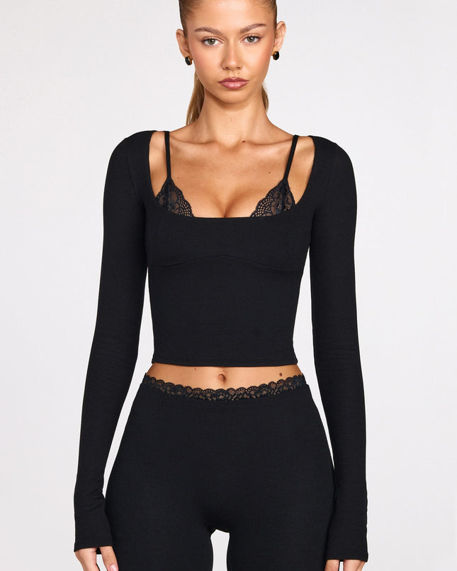 Black Ribbed Modal Long-Sleeve Laced Bra Top