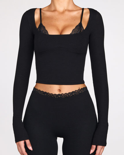 Black Ribbed Modal Long-Sleeve Laced Bra Top