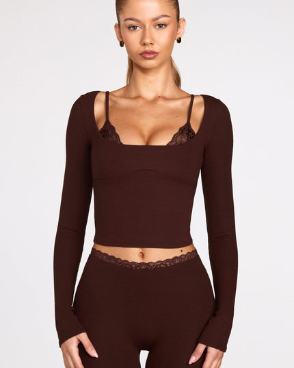 Chocolate Brown Ribbed Modal Long-Sleeve Laced Bra Top