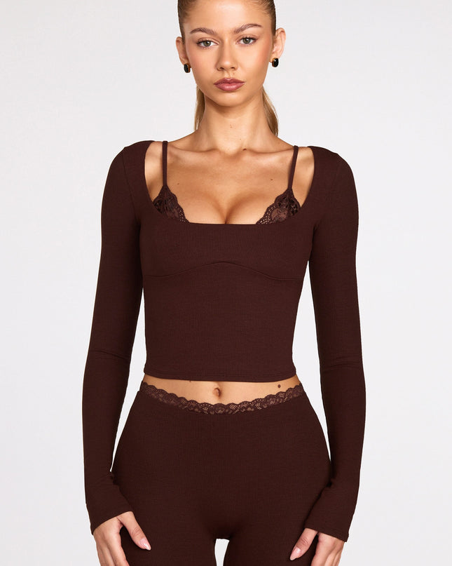 Chocolate Brown Ribbed Modal Long-Sleeve Laced Bra Top