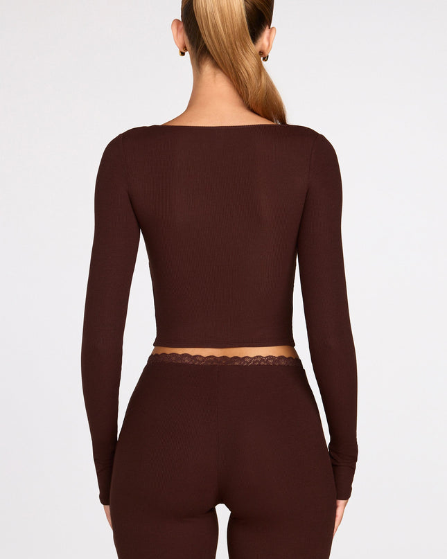 Chocolate Brown Ribbed Modal Long-Sleeve Laced Bra Top