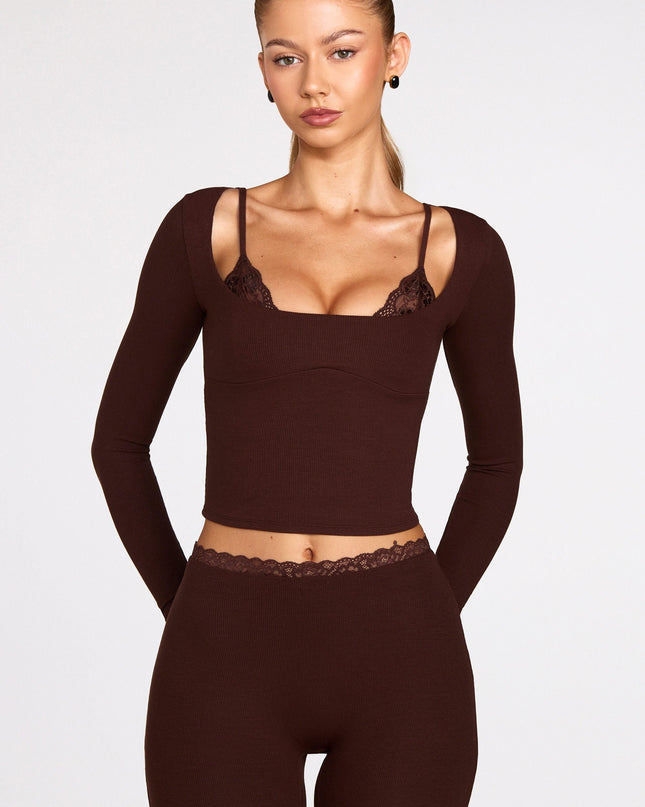 Chocolate Brown Ribbed Modal Long-Sleeve Laced Bra Top