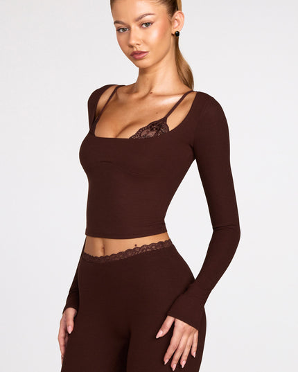 Chocolate Brown Ribbed Modal Long-Sleeve Laced Bra Top