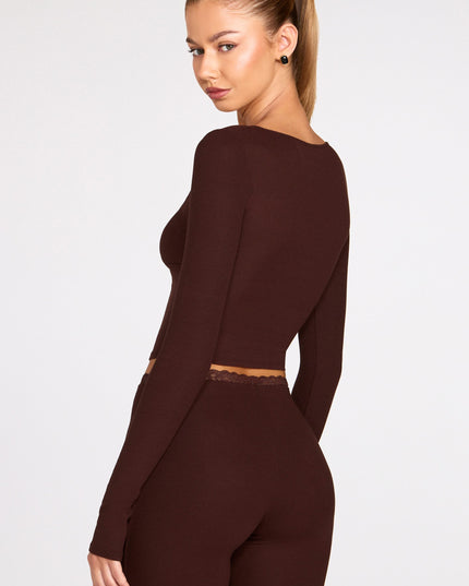 Chocolate Brown Ribbed Modal Long-Sleeve Laced Bra Top