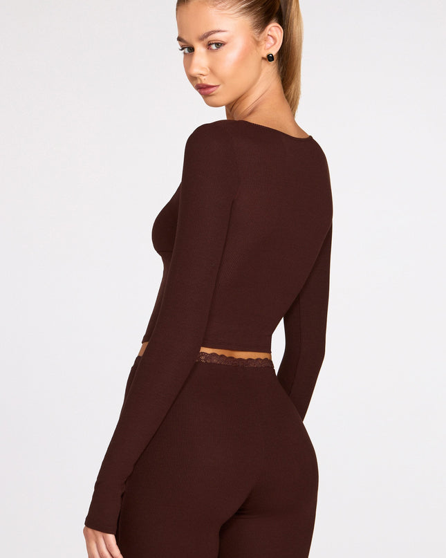 Chocolate Brown Ribbed Modal Long-Sleeve Laced Bra Top