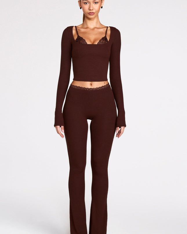 Chocolate Brown Ribbed Modal Long-Sleeve Laced Bra Top