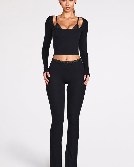 Black Modal Mid-Rise Flared Trousers