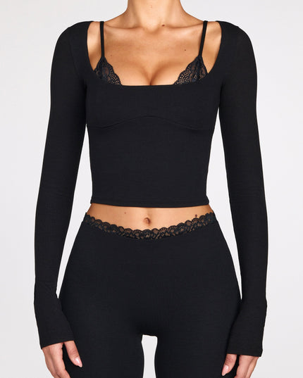 Black Modal Mid-Rise Flared Trousers