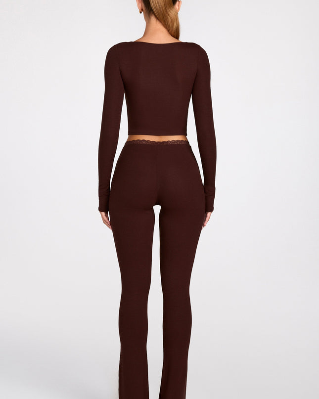 Chocolate Brown Modal Mid-Rise Flared Trousers