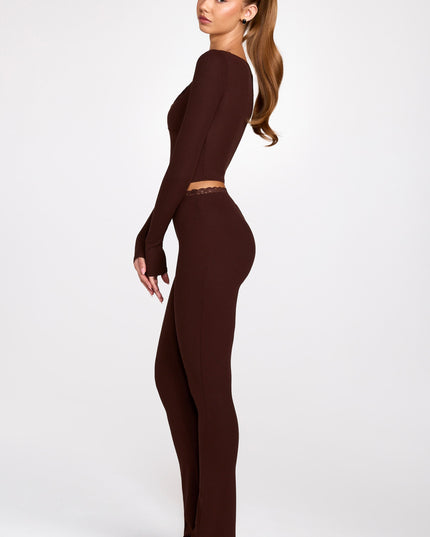 Chocolate Brown Modal Mid-Rise Flared Trousers