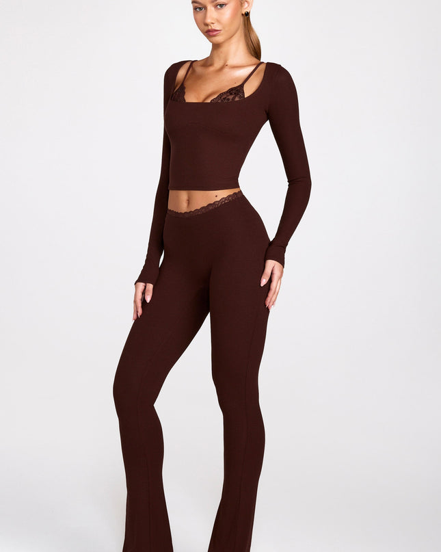 Chocolate Brown Modal Mid-Rise Flared Trousers