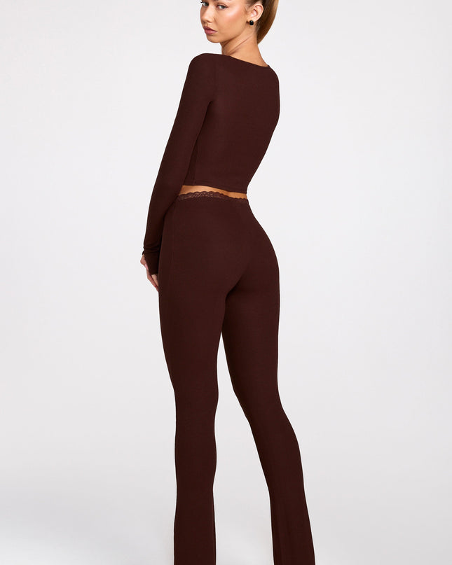 Chocolate Brown Modal Mid-Rise Flared Trousers