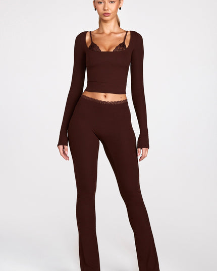 Chocolate Brown Modal Mid-Rise Flared Trousers