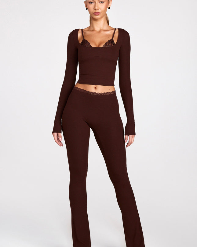 Chocolate Brown Modal Mid-Rise Flared Trousers