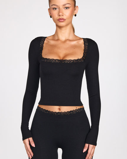 Black Ribbed Modal Square-Neck Long-Sleeve Top
