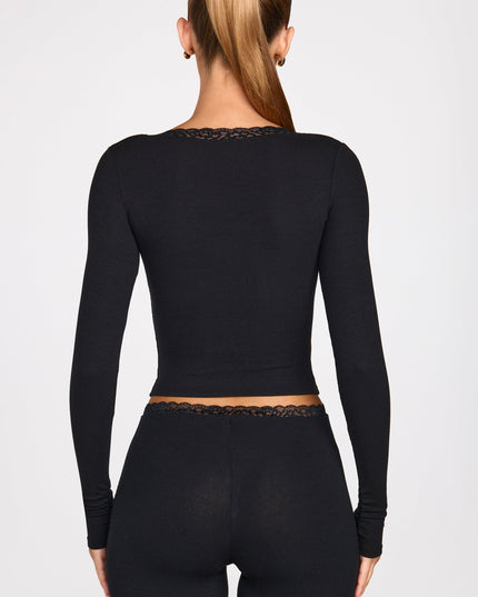 Black Ribbed Modal Square-Neck Long-Sleeve Top