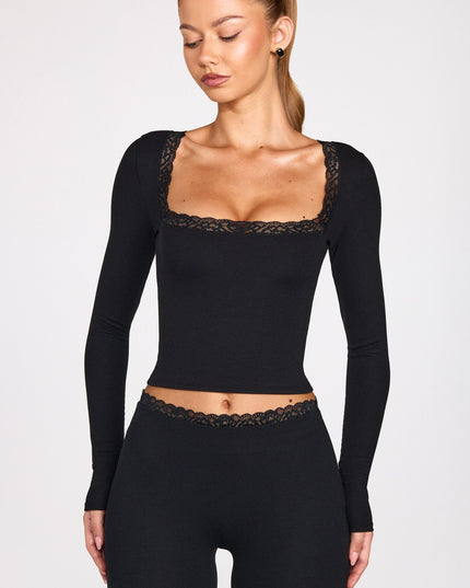 Black Ribbed Modal Square-Neck Long-Sleeve Top