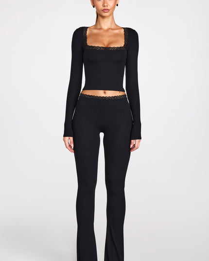 Black Ribbed Modal Square-Neck Long-Sleeve Top
