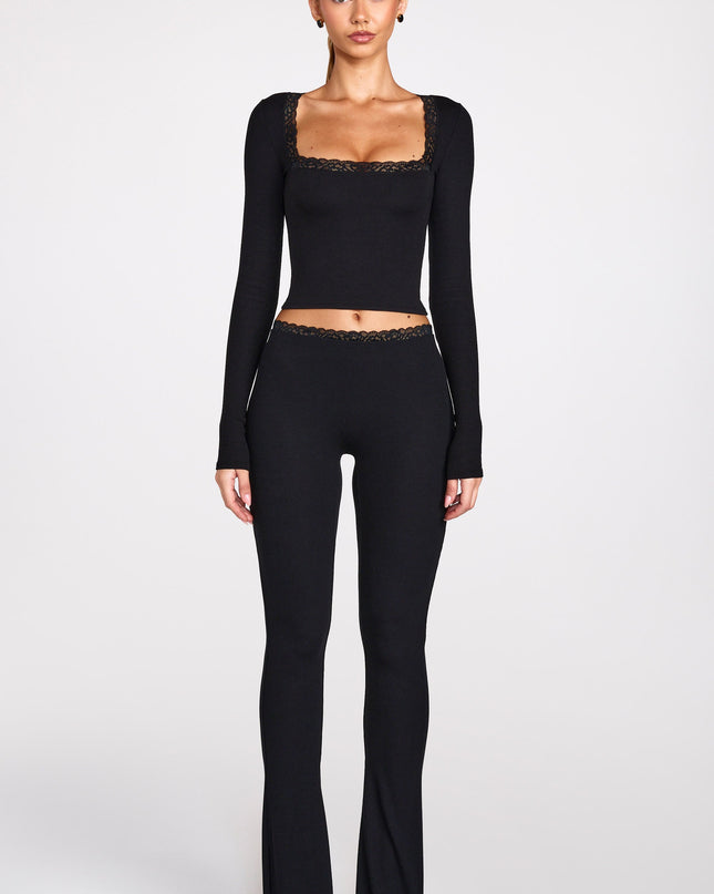Black Ribbed Modal Square-Neck Long-Sleeve Top