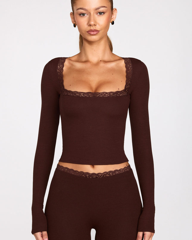 Chocolate Brown Ribbed Modal Square-Neck Long-Sleeve Top