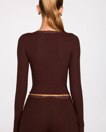 Chocolate Brown Ribbed Modal Square-Neck Long-Sleeve Top