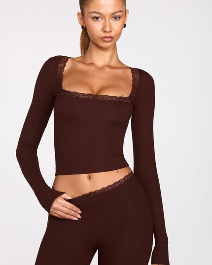 Chocolate Brown Ribbed Modal Square-Neck Long-Sleeve Top