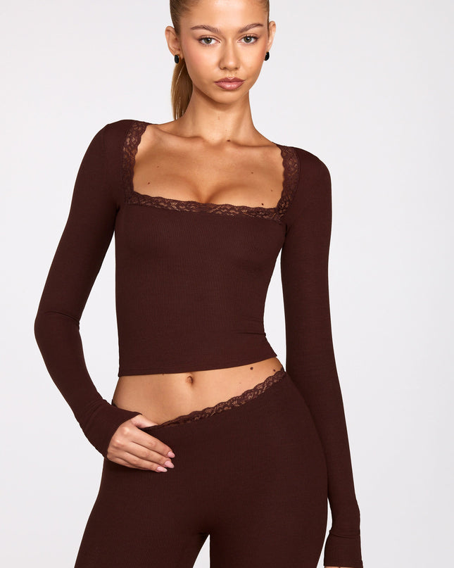 Chocolate Brown Ribbed Modal Square-Neck Long-Sleeve Top